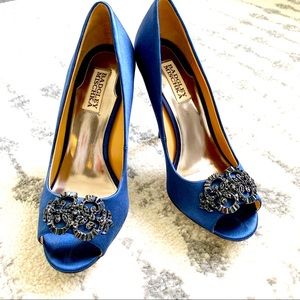 Badgley Mischka Royal Blue Satin Peep Toe Stiletto Pumps w/Jeweled Embellishment